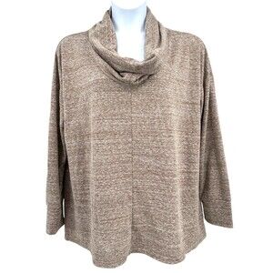 EASEL Women's 1XL Light Brown Heather Cowl Neck Long Sleeve Jersey Tunic Top